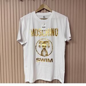 MOSCHINO SWIM Men's Gold Foil Logo T-Shirt in White Sz M